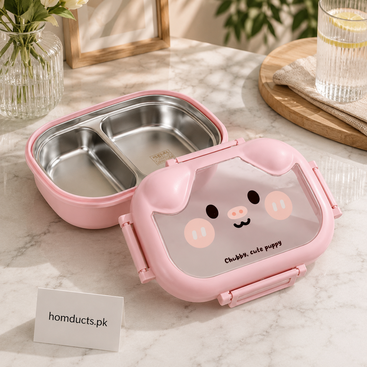 Cute Puppy Stainless Steel 2-Compartment Lunch Box with Transparent Lid – Kids Bento Food Container