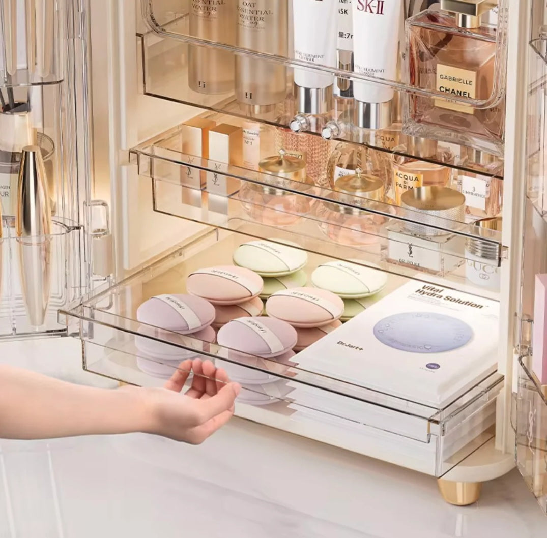 Luxury Acrylic Makeup Organizer Box with Drawers & Transparent Doors – Large Cosmetic Storage Cabinet for Skincare, Brushes & Beauty Essentials