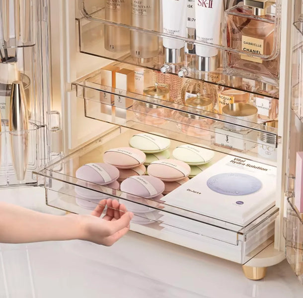 Luxury Acrylic Makeup Organizer Box with Drawers & Transparent Doors – Large Cosmetic Storage Cabinet for Skincare, Brushes & Beauty Essentials