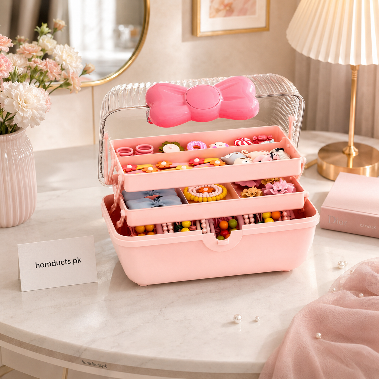 3-Layer Hair Accessories Storage Box with Transparent Cover & Portable Handle – Kids Jewelry & Hair Clip Organizer