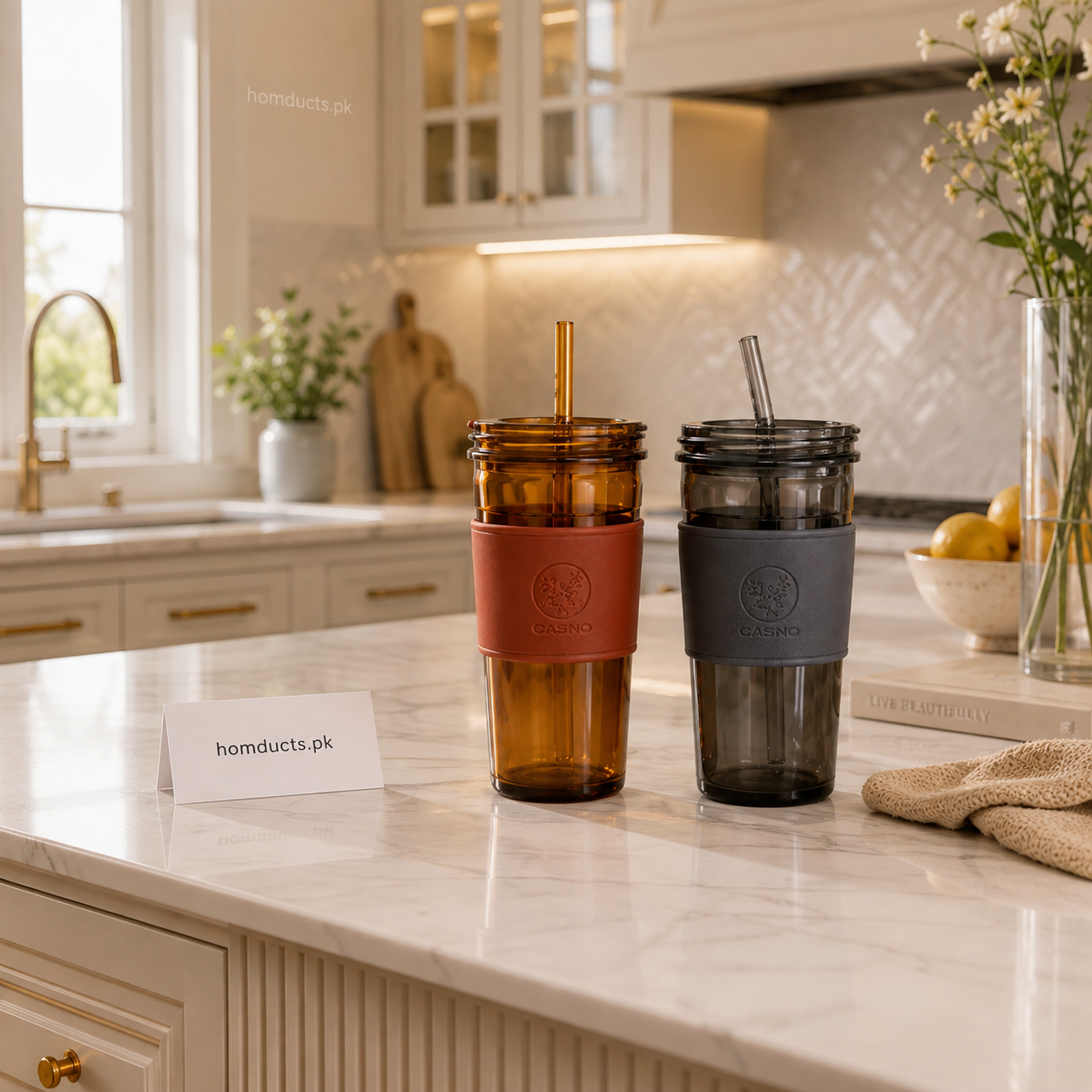 CASNO 450ML Borosilicate Glass Tumbler with Straw, Leak-Proof Lid & Silicone Sleeve – Reusable Sipper Cup