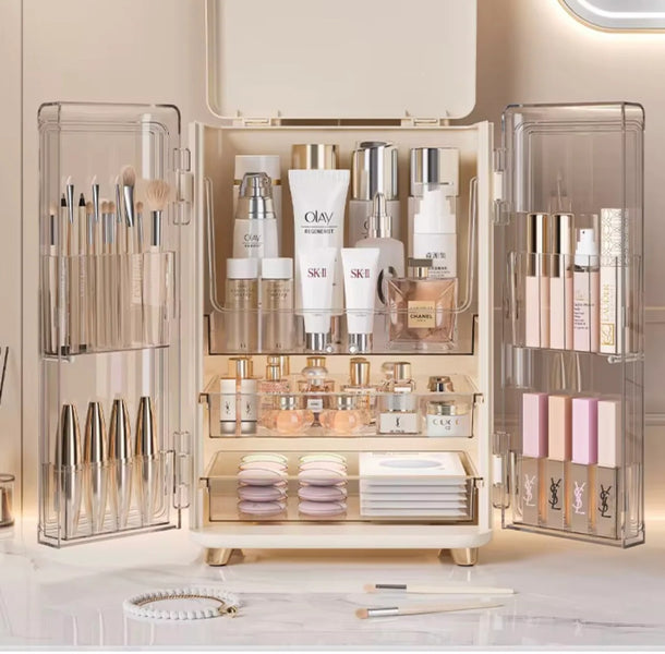 Luxury Acrylic Makeup Organizer Box with Drawers & Transparent Doors – Large Cosmetic Storage Cabinet for Skincare, Brushes & Beauty Essentials