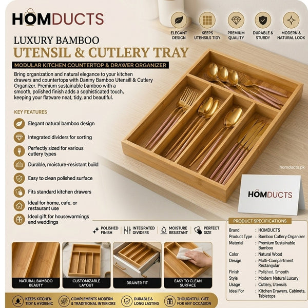 Luxury Bamboo Utensil & Cutlery Tray – Modular Kitchen Countertop & Drawer Organizer