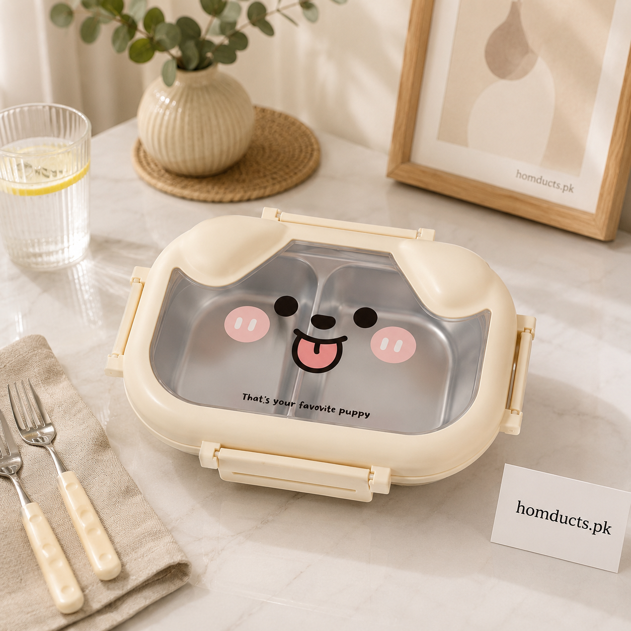 Cute Puppy Stainless Steel 2-Compartment Lunch Box with Transparent Lid – Kids Bento Food Container