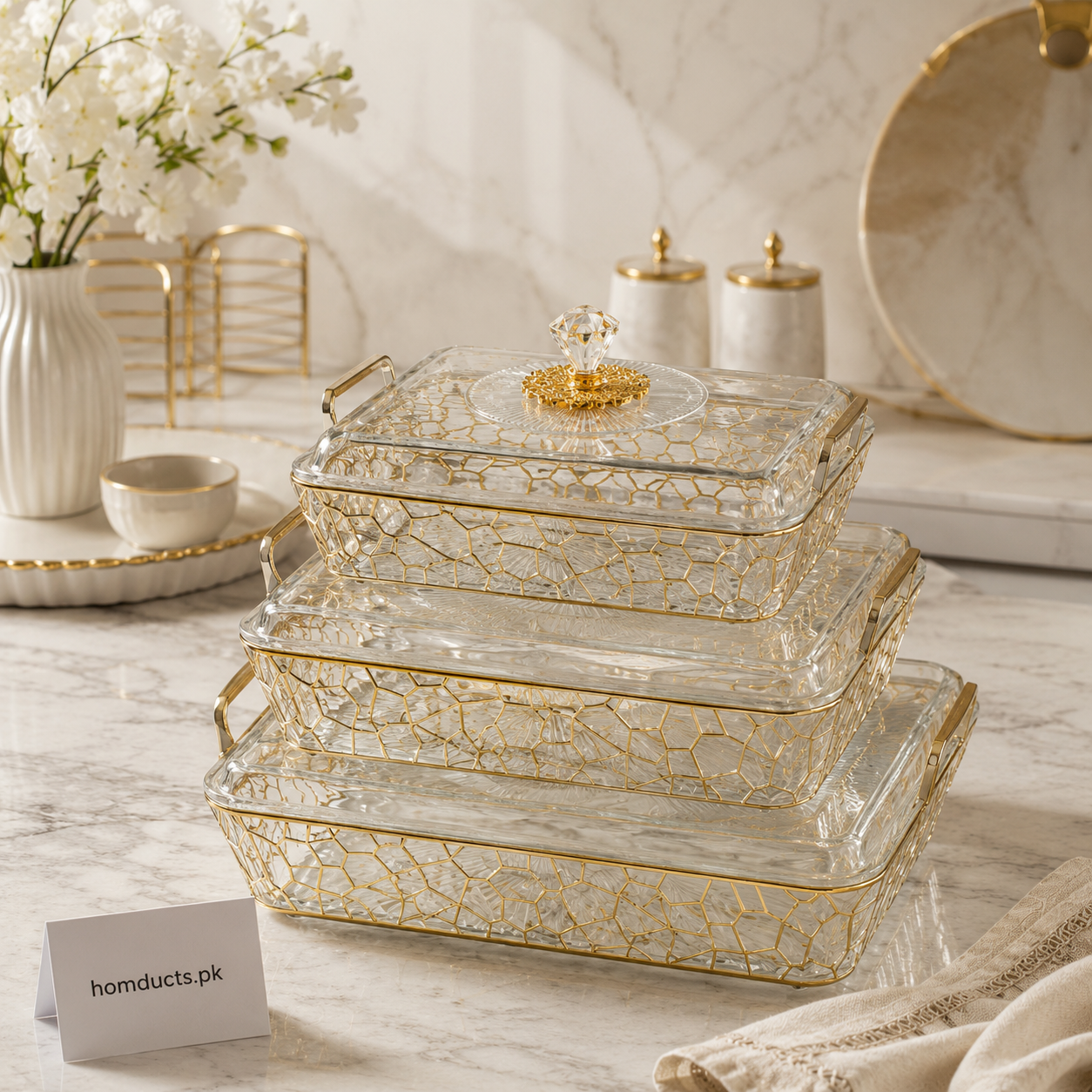 Acrylic Rectangular dish with lid-luxury Gold design serving and storage dish