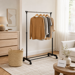 Portable Single Rail Clothes Garment Rack with Wheels – Heavy Duty Adjustable Clothing Hanging Stand