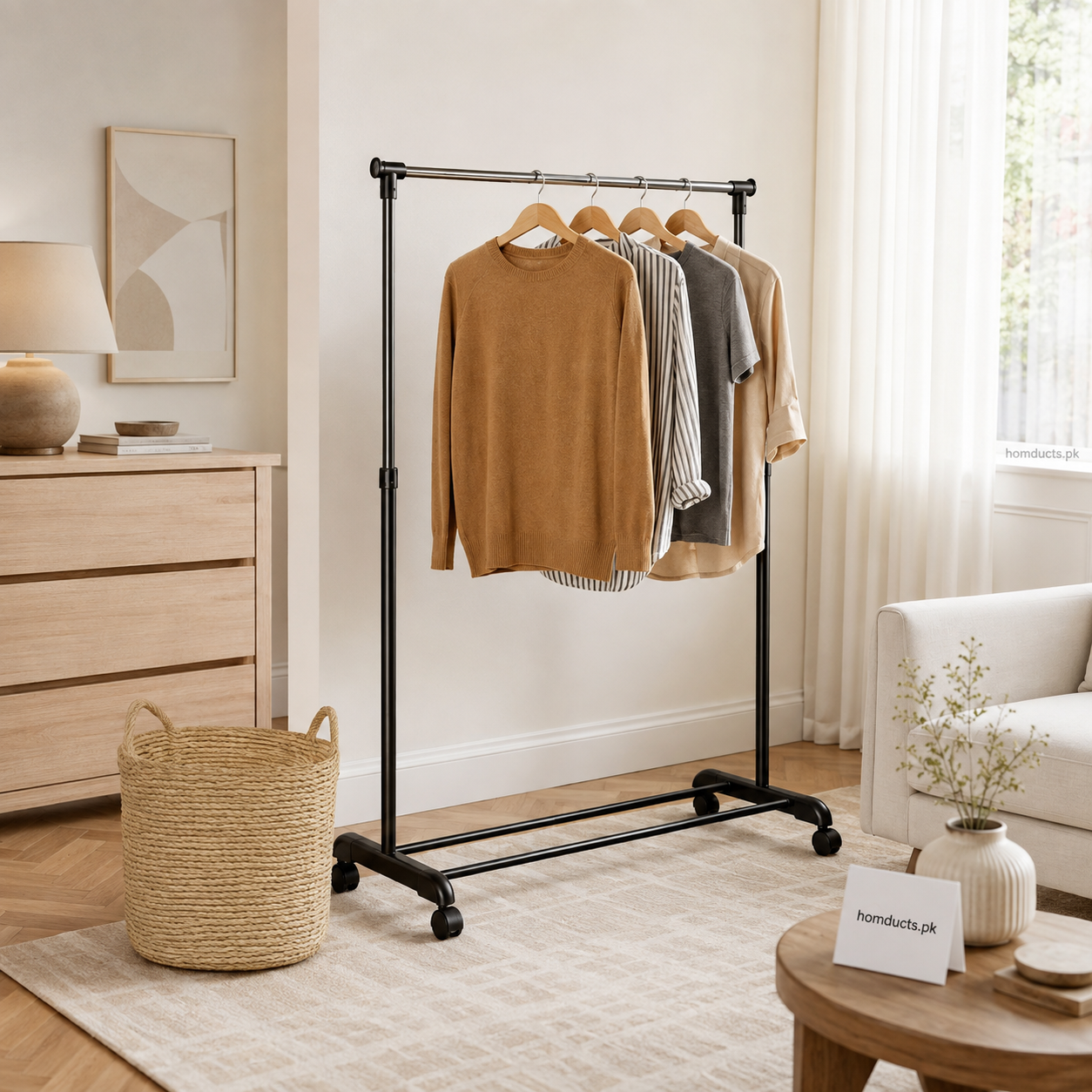Portable Single Rail Clothes Garment Rack with Wheels – Heavy Duty Adjustable Clothing Hanging Stand