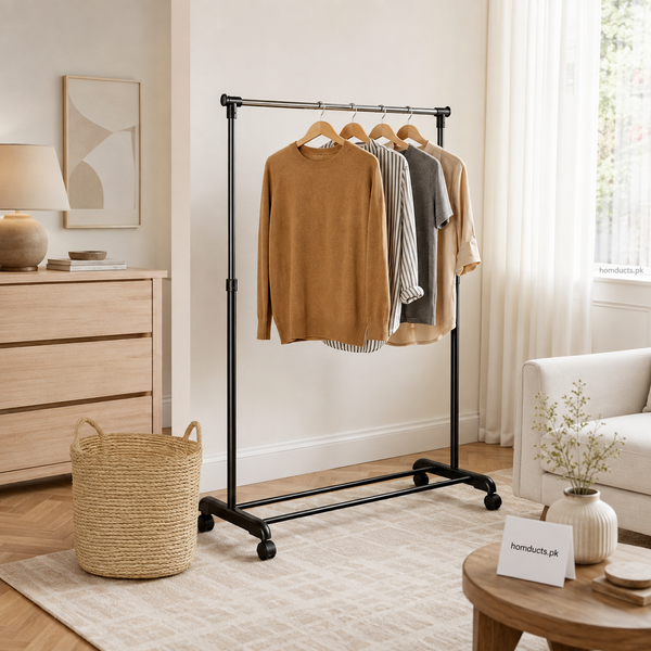 Portable Single Rail Clothes Garment Rack with Wheels – Heavy Duty Adjustable Clothing Hanging Stand