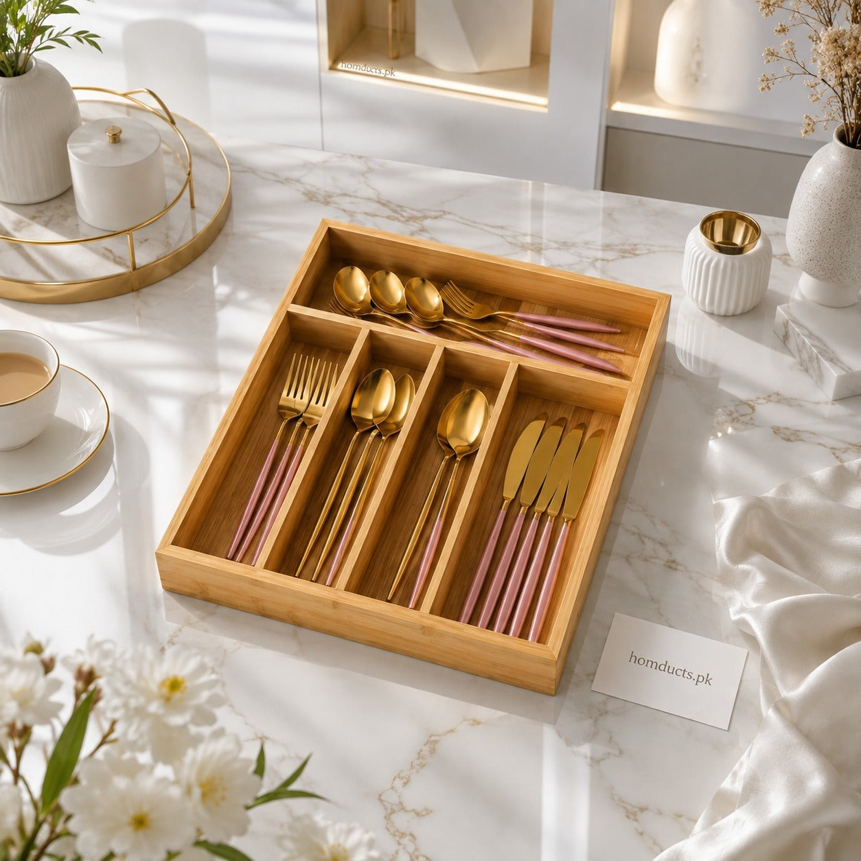 Luxury Bamboo Utensil & Cutlery Tray – Modular Kitchen Countertop & Drawer Organizer