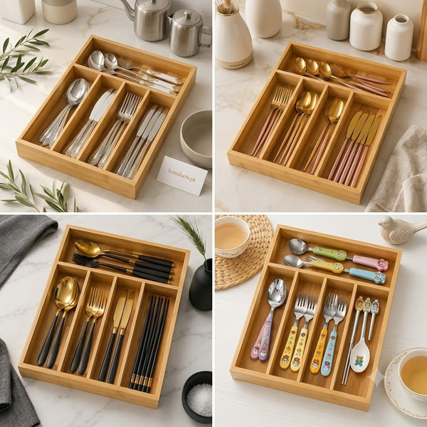 Luxury Bamboo Utensil & Cutlery Tray – Modular Kitchen Countertop & Drawer Organizer