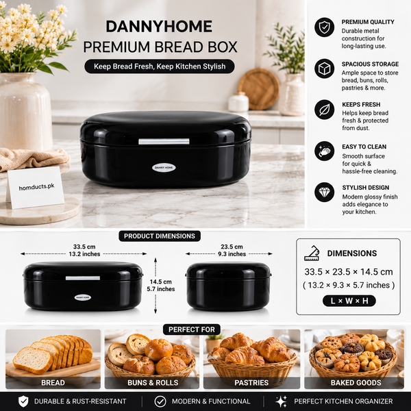 Danny Home Premium Red Metal Bread Box with Lid | Modern Kitchen Bread Storage Container-Black