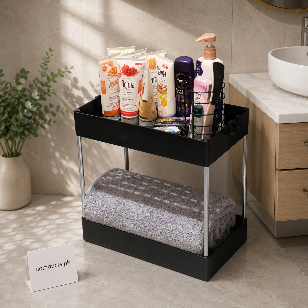 2-Tier Multipurpose Kitchen Countertop Organizer Rack with Side Hanging Cup – White