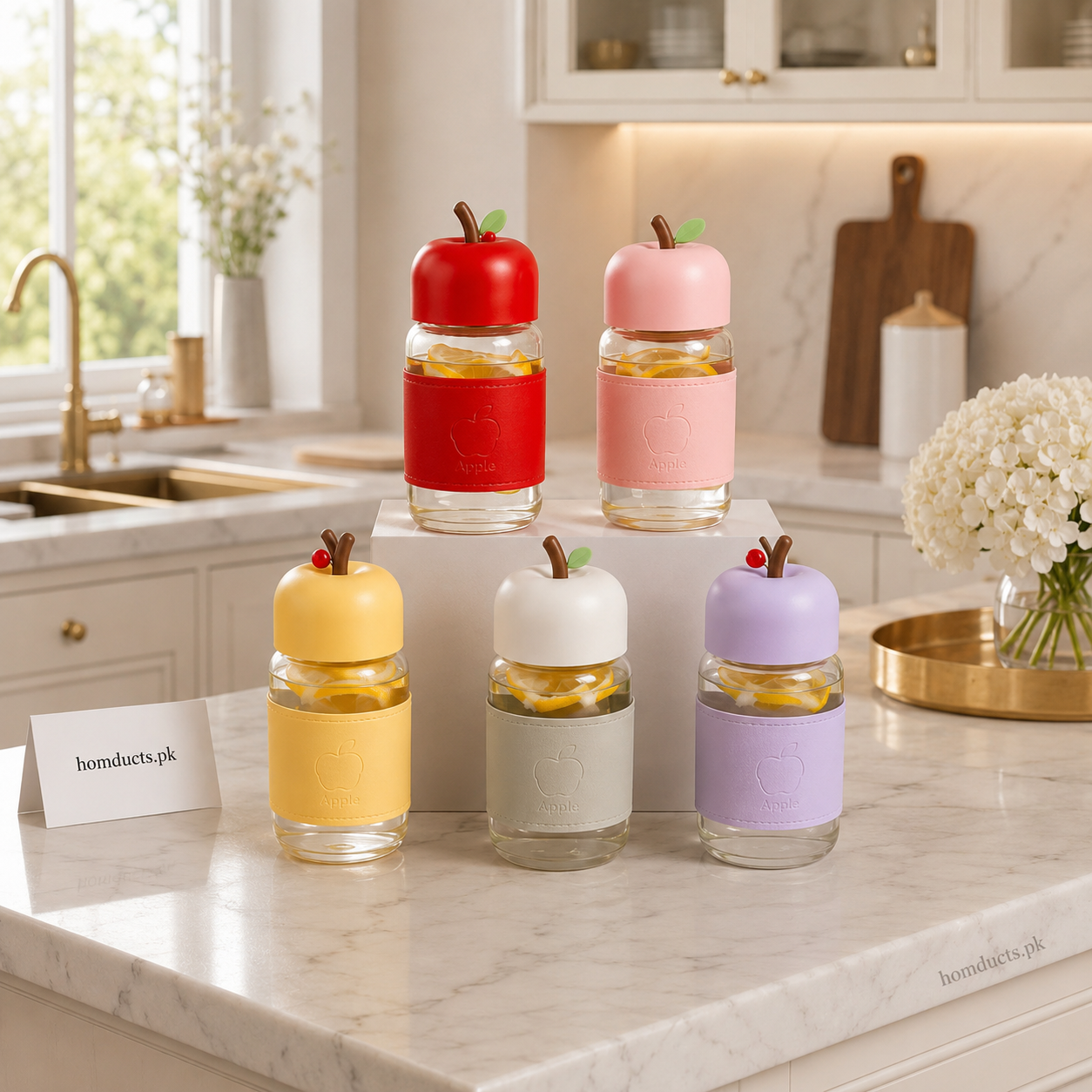 400ml Cute Apple Glass Water Bottle with Silicone Sleeve & Leak-Proof Lid – Portable Drinking Cup