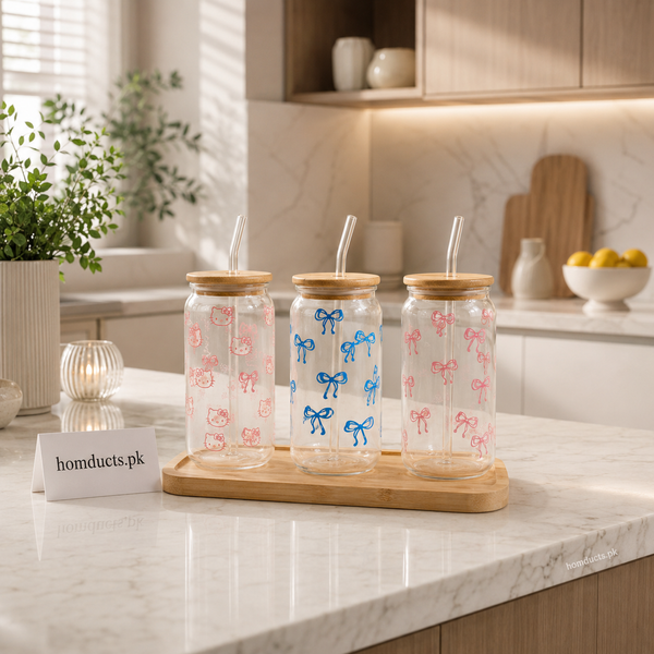 450ml Glass Straw Sipper with Bamboo Lid – Cute Printed Borosilicate Glass Tumbler with Reusable Straw