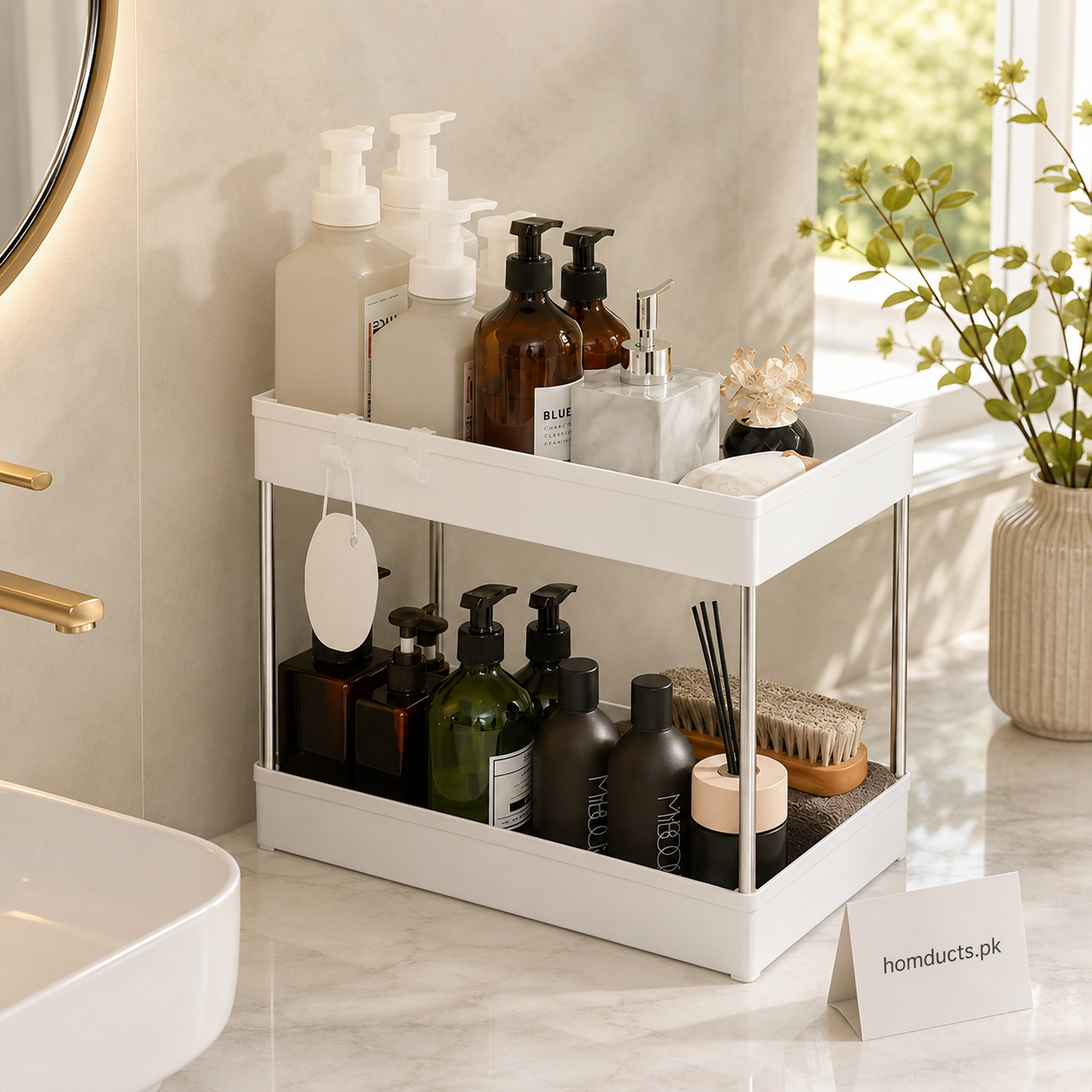 2-Tier Multipurpose Kitchen Countertop Organizer Rack with Side Hanging Cup – White