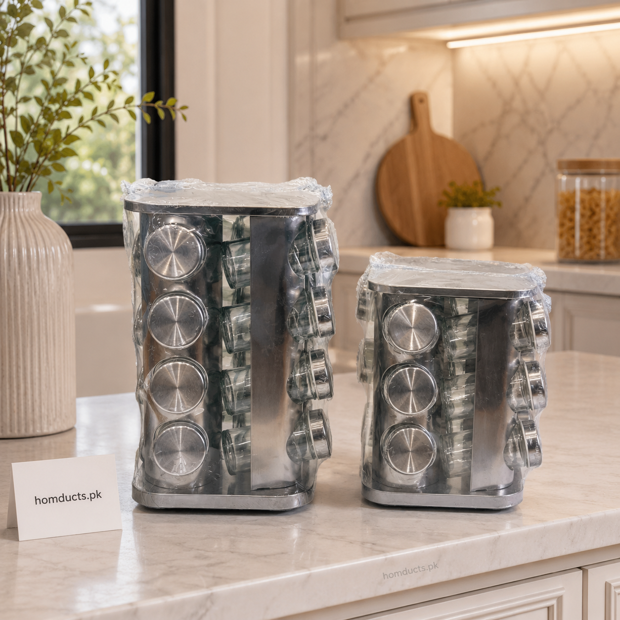 360° Rotating Stainless Steel Spice Rack with Glass Jars – Premium Kitchen Spice Organizer