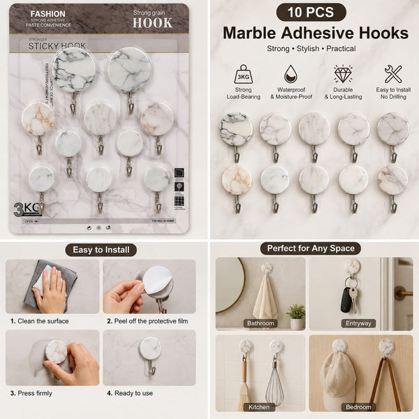 10-Piece Marble Design Self-Adhesive Wall Hooks | Heavy Duty Plastic Sticky Hooks for Bathroom, Kitchen & Home Organization