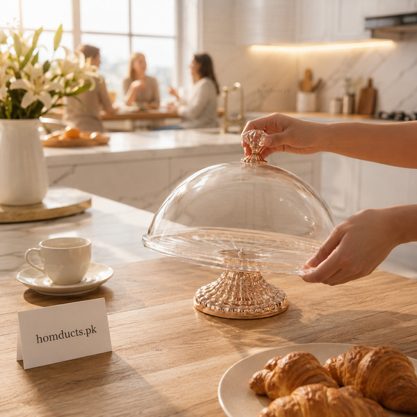 Luxury Crystal Clear Cake Stand with Dome Lid & Gold Base – Elegant Dessert & Serving Display
