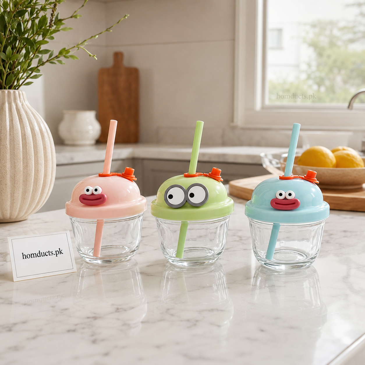 210ml Mini Glass Sipper Cup with Straw & Cute Character Lid – Kids Drinking Glass