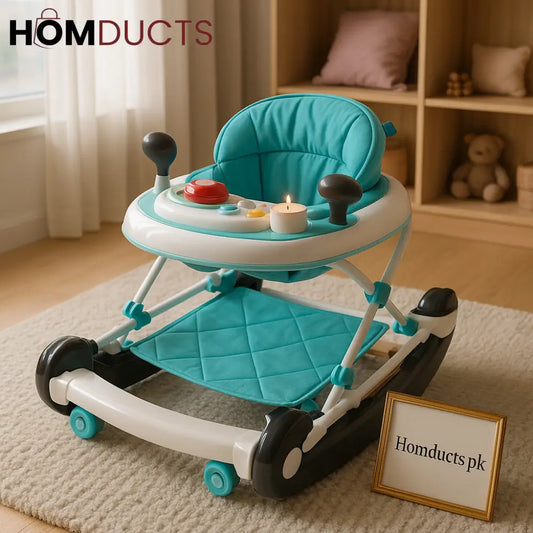 Rock & Play Deluxe Baby Walker with Entertainment Tray – Foldable & Convertible (Turquoise)