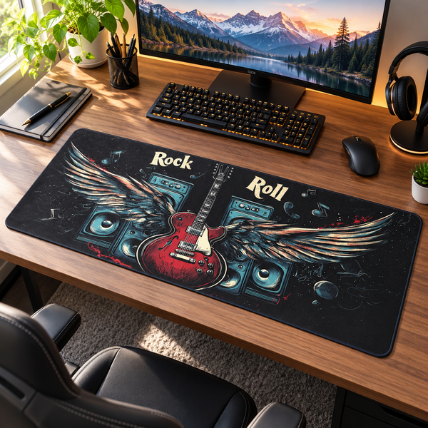 Rock and roll guitar extended mousepad on a gaming desk
