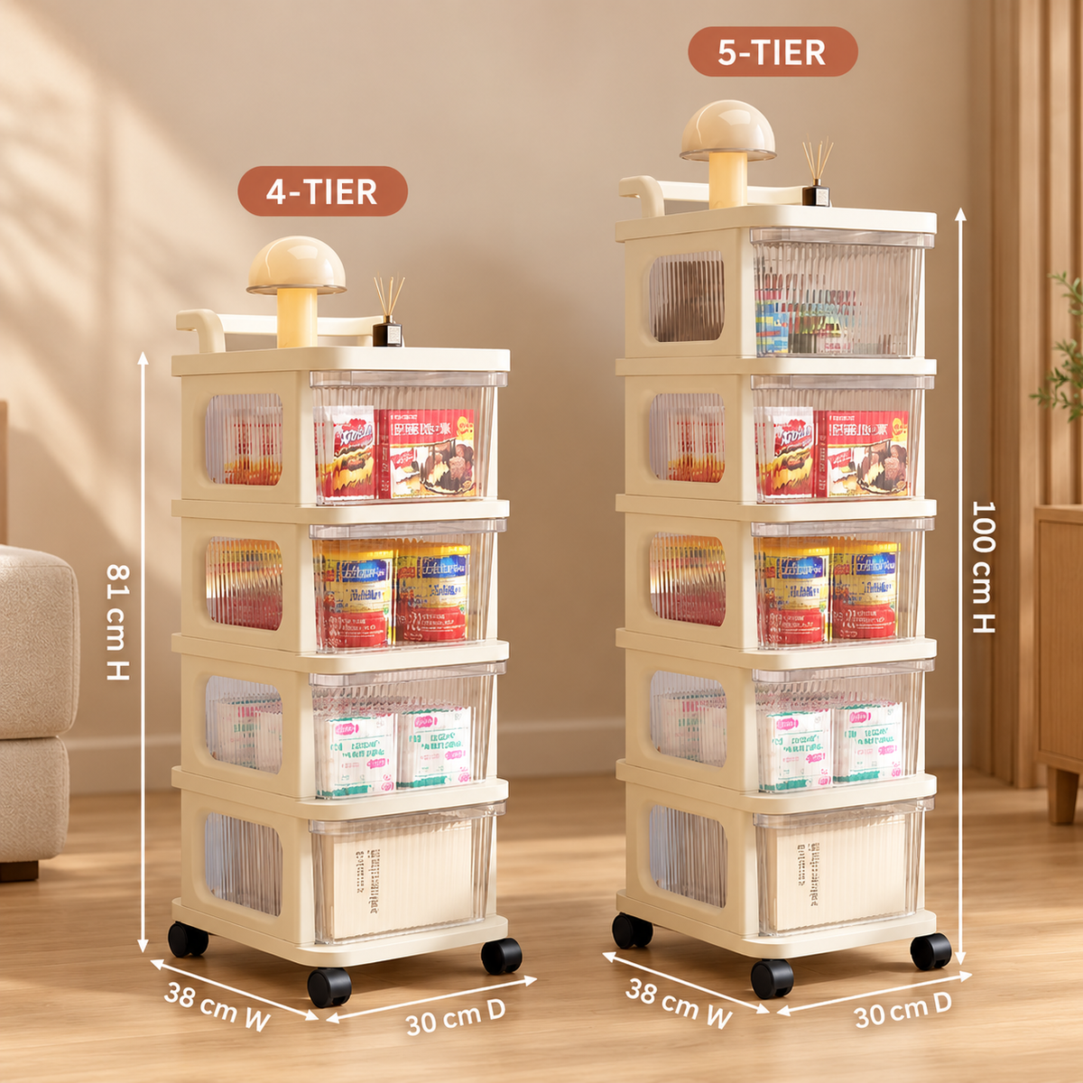 4-tier and 5-tier rolling storage organizer size comparison
