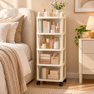 4-tier rolling storage organizer beside a bedroom bed