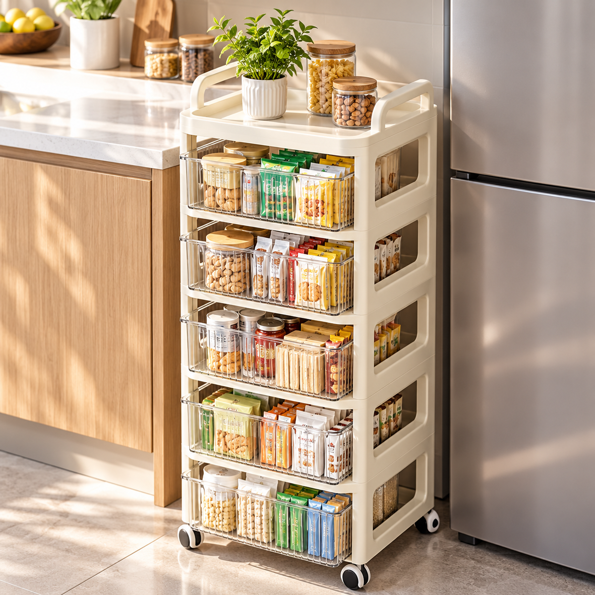 5-tier rolling storage organizer for kitchen pantry storage