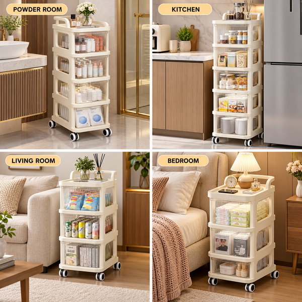 Multipurpose rolling storage organizer for powder room kitchen living room and bedroom