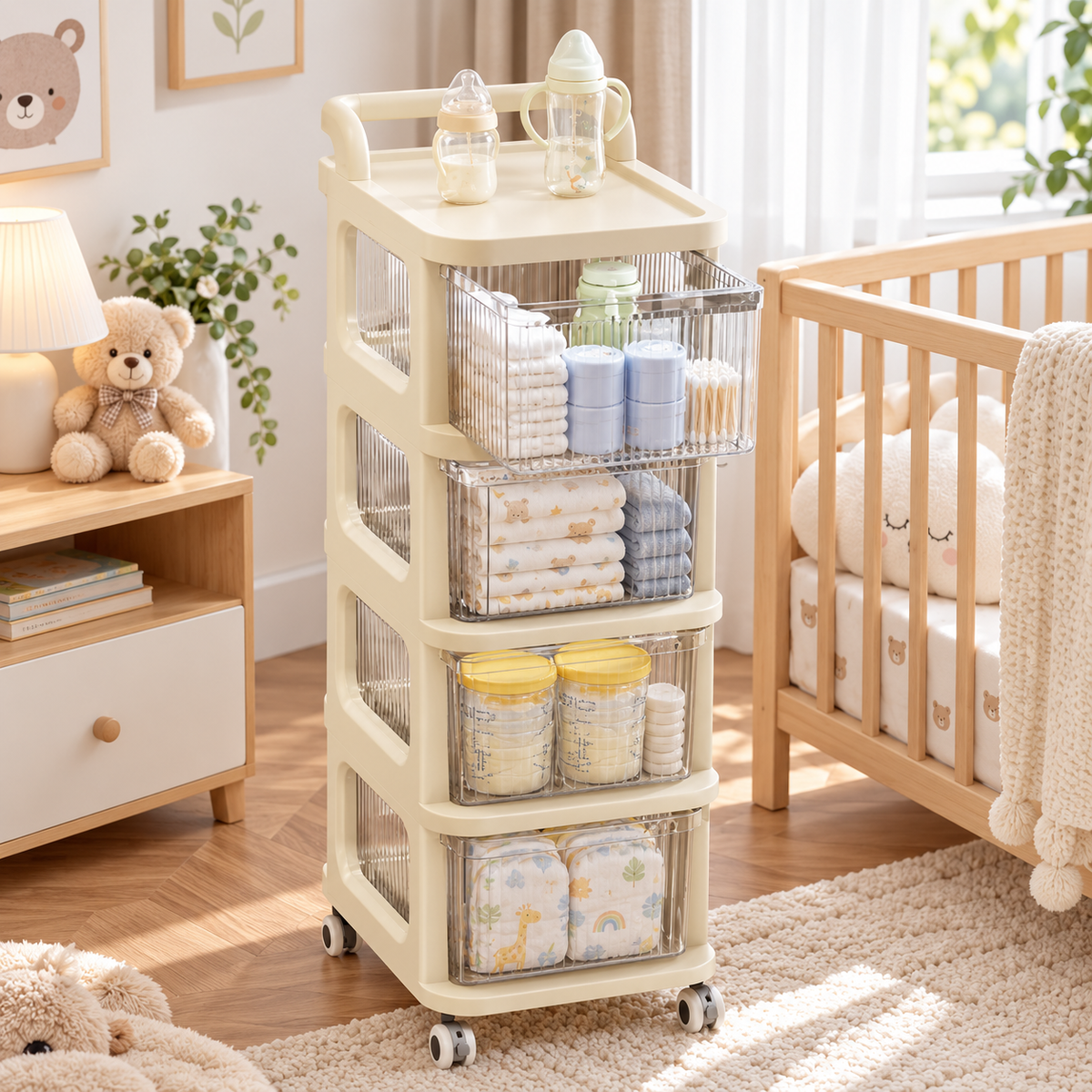 4-tier rolling storage organizer for baby nursery essentials