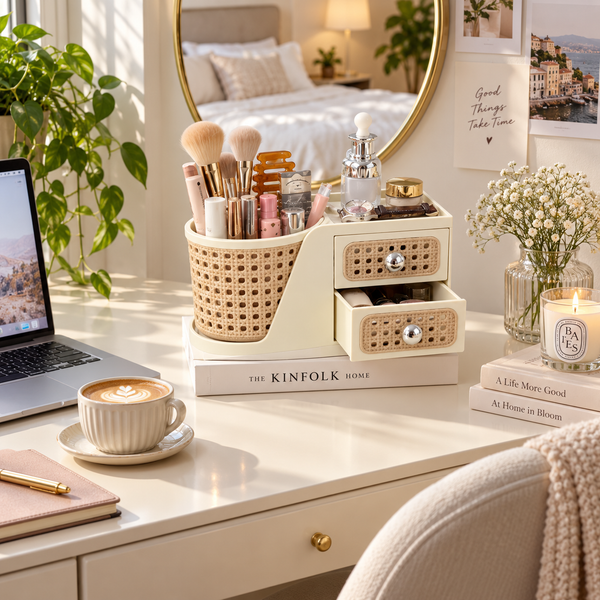 Rotating 2-Drawer Cosmetic Organizer with Brush Holder & Desktop Storage