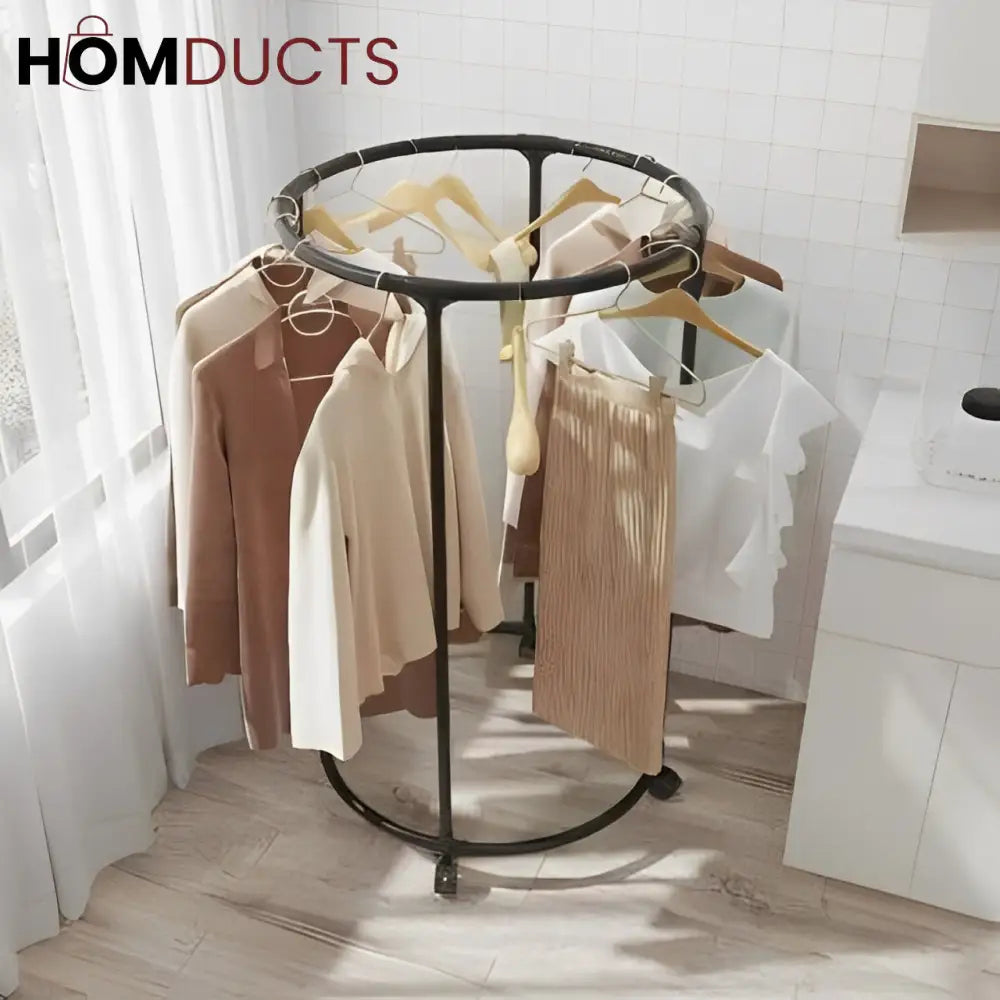 Rotating Round Garment Rack with Wheels - Freestanding Metal Clothing Organizer for Home & Retail