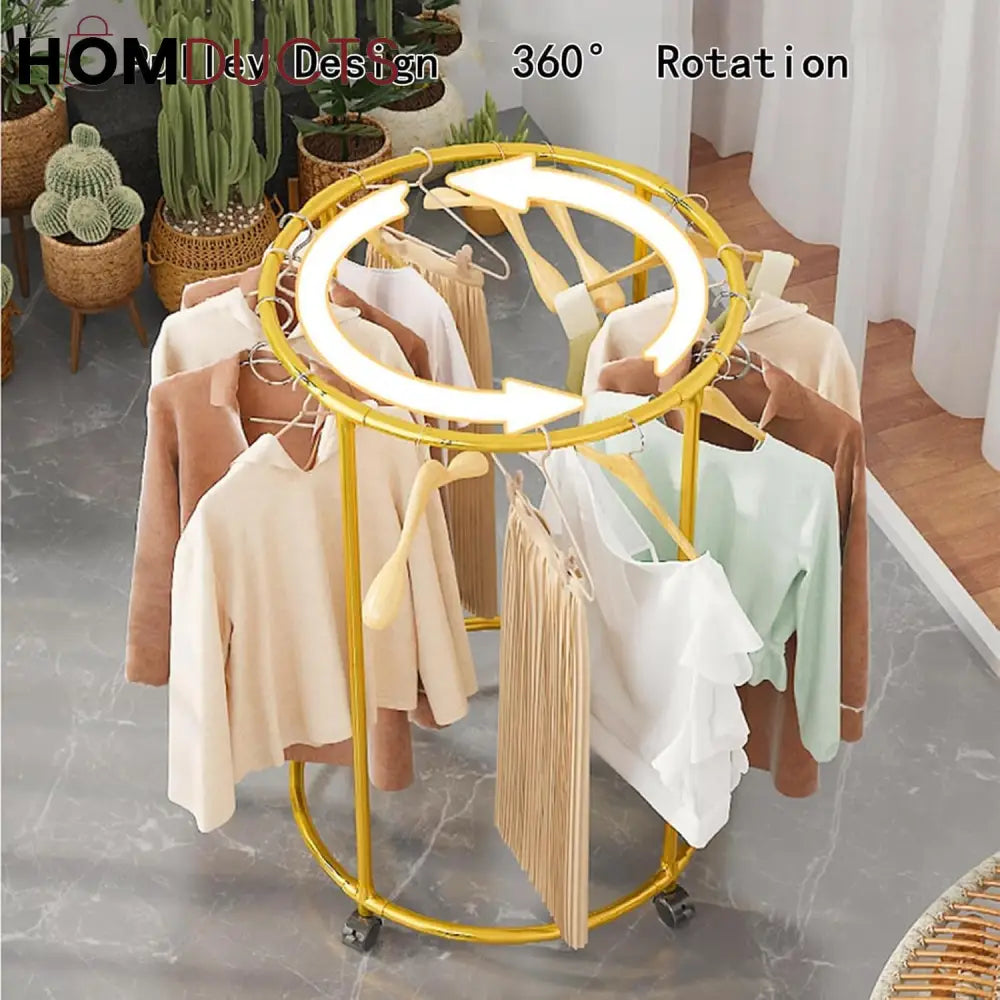 Rotating Round Garment Rack with Wheels - Freestanding Metal Clothing Organizer for Home & Retail