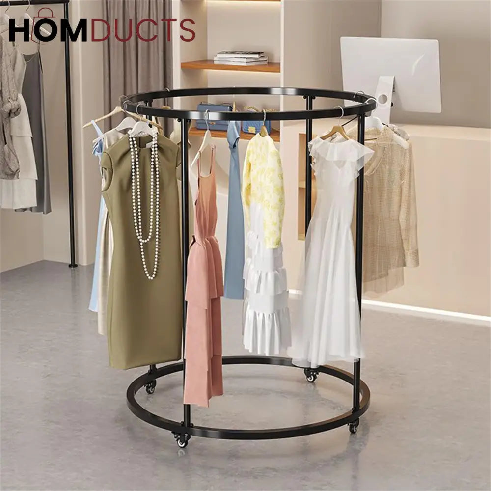 Rotating Round Garment Rack with Wheels - Freestanding Metal Clothing Organizer for Home & Retail