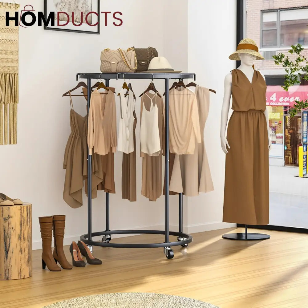 Rotating Round Garment Rack with Wheels - Freestanding Metal Clothing Organizer for Home & Retail