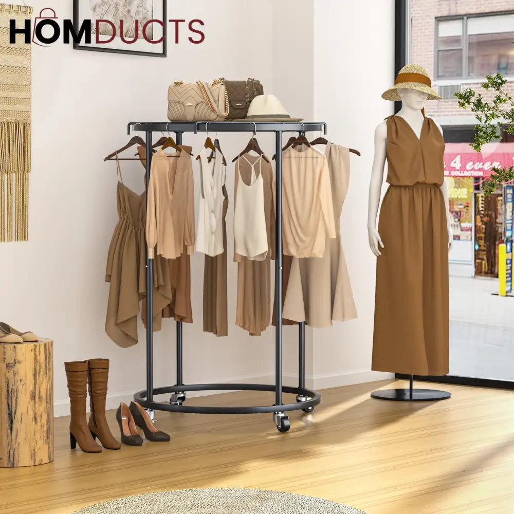 Rotating Round Garment Rack with Wheels - Freestanding Metal Clothing Organizer for Home & Retail