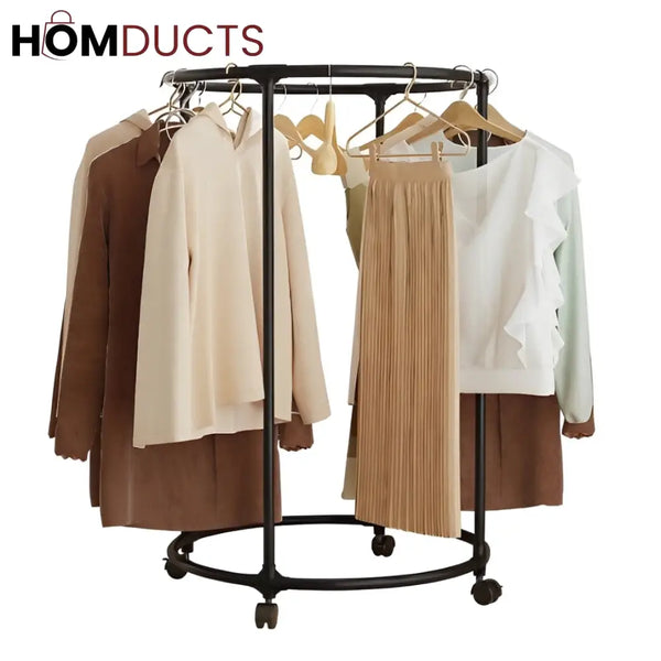 Rotating Round Garment Rack with Wheels - Freestanding Metal Clothing Organizer for Home & Retail