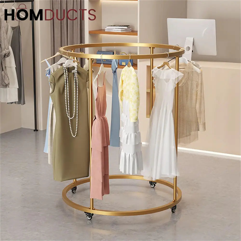 Rotating Round Garment Rack with Wheels - Freestanding Metal Clothing Organizer for Home & Retail