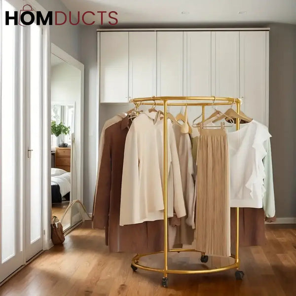 Rotating Round Garment Rack with Wheels - Freestanding Metal Clothing Organizer for Home & Retail