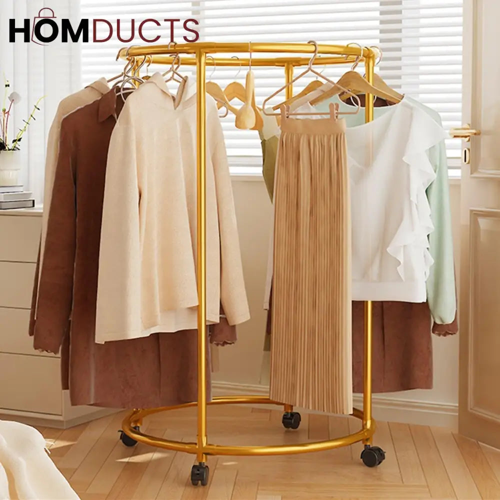 Rotating Round Garment Rack with Wheels - Freestanding Metal Clothing Organizer for Home & Retail