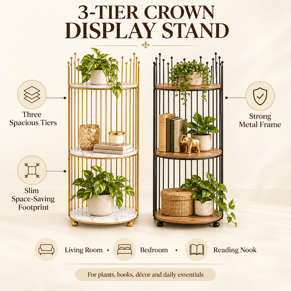 Three-tier crown display stand features and uses