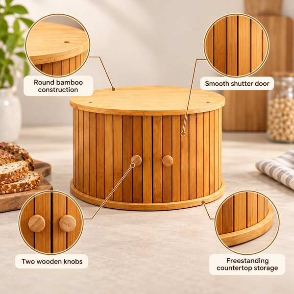 Round Bamboo Shutter Bread Box feature infographic
