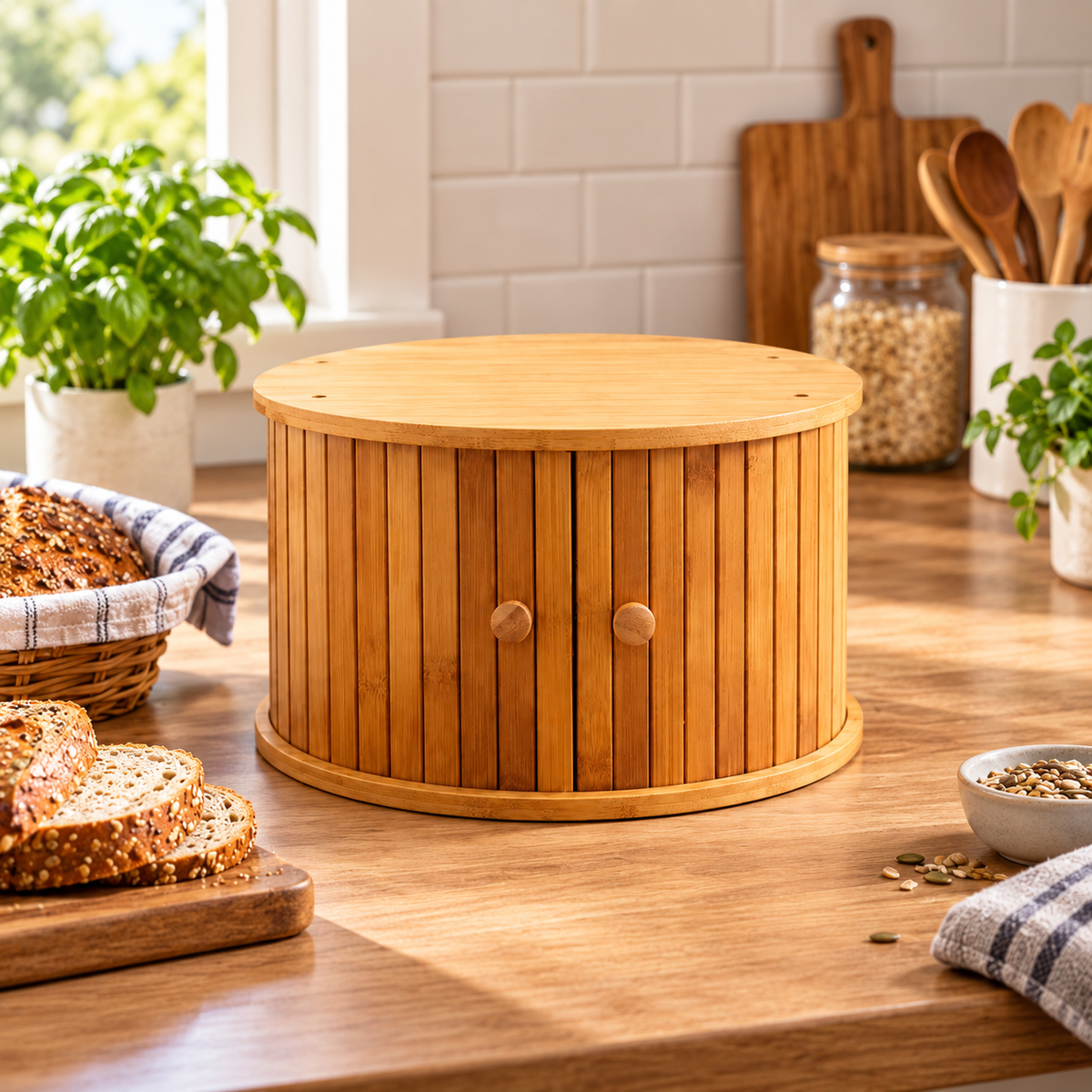 Round Bamboo Shutter Bread Box styled in a premium kitchen setting