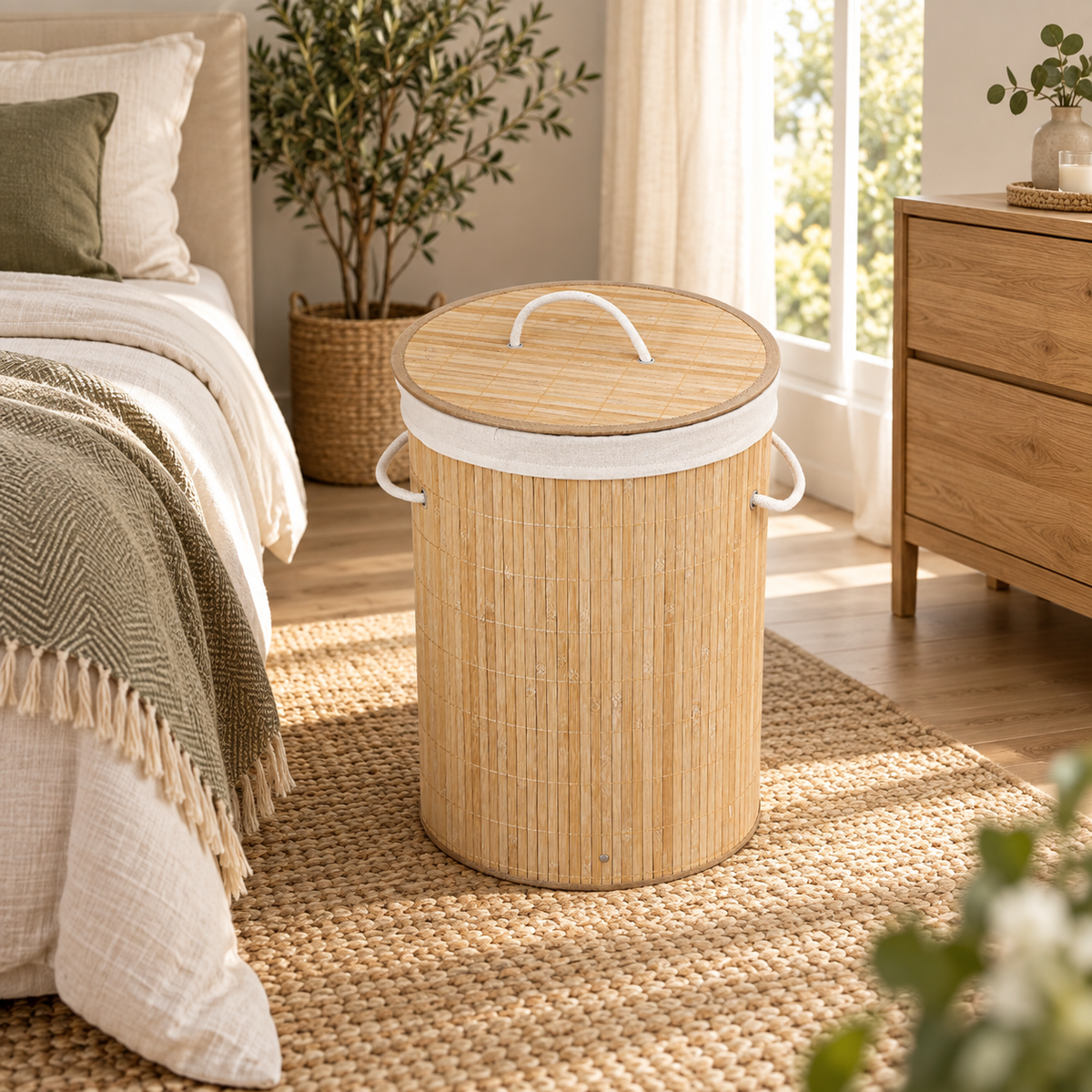 Round bamboo laundry hamper with lid and rope handles