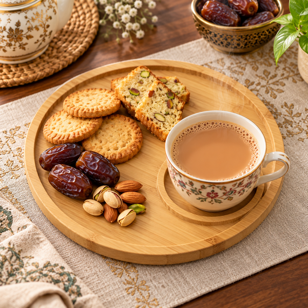 Round bamboo serving board with cup holder for chai and snacks