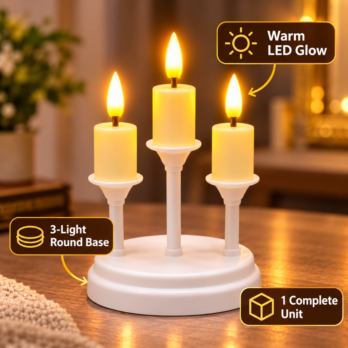 Warm White 3-Light LED Candle with Round Base – 1 Complete Unit features