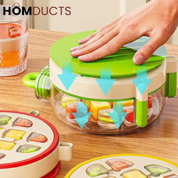 Round Beverage Dispenser & Ice Cube Maker Set – Cool Summer Portable Juice Jug with Handle Straw & Manual Ice Press Lid