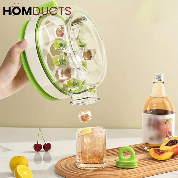 Round Beverage Dispenser & Ice Cube Maker Set – Cool Summer Portable Juice Jug with Handle Straw & Manual Ice Press Lid
