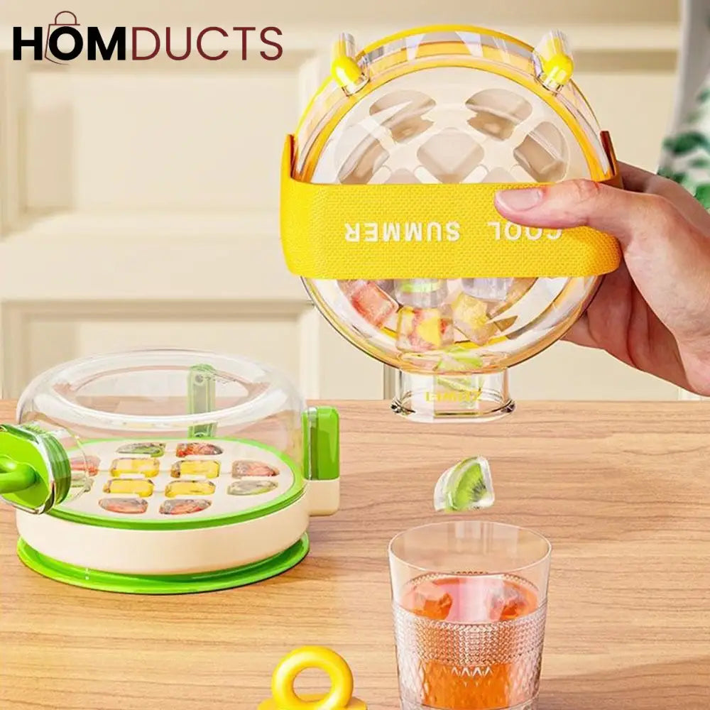 Round Beverage Dispenser & Ice Cube Maker Set – Cool Summer Portable Juice Jug with Handle Straw & Manual Ice Press Lid