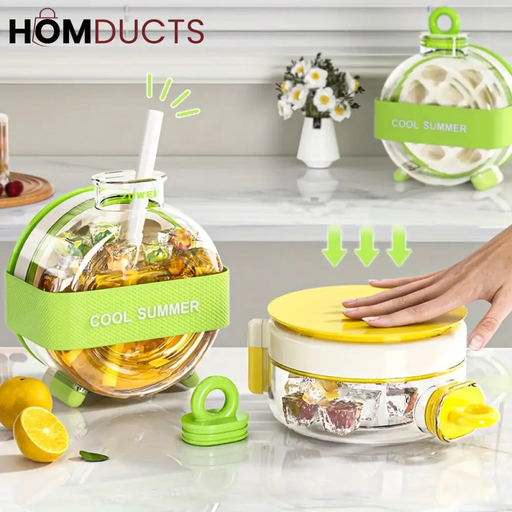 Round Beverage Dispenser & Ice Cube Maker Set – Cool Summer Portable Juice Jug with Handle Straw & Manual Ice Press Lid
